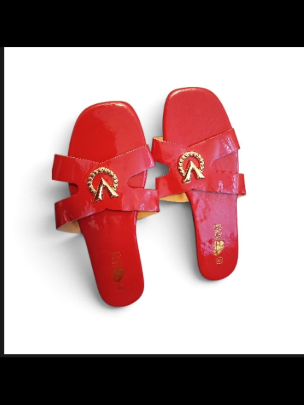 Women's Red Patent Slide Sandals with Gold Accent Logo